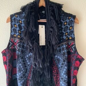 NEW! Boho Embroidered Sweater Fringe Tribal Cardigan Vest Black Size XL